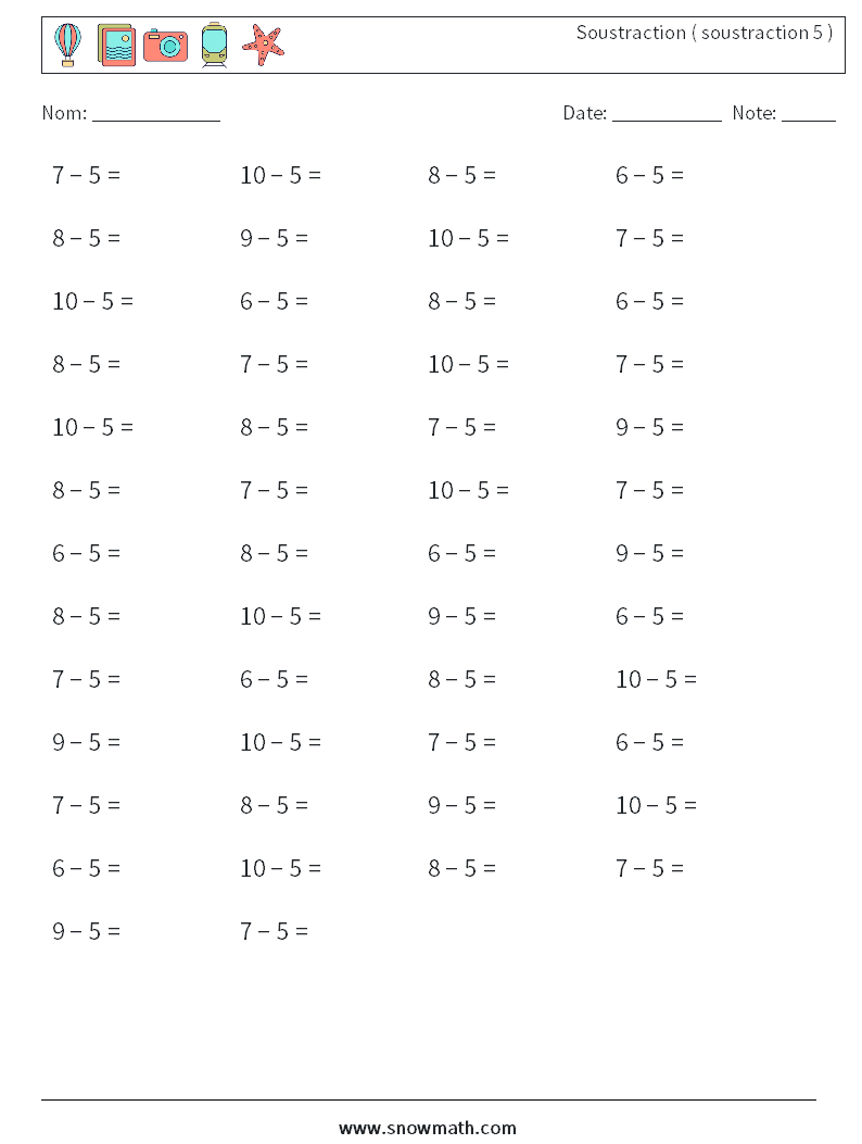 (50) Soustraction ( soustraction 5 ) Fiches d'Exercices de Mathématiques 5