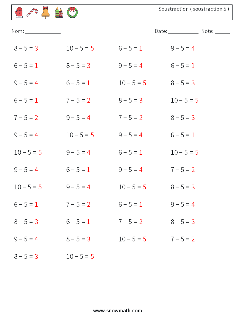 (50) Soustraction ( soustraction 5 ) Fiches d'Exercices de Mathématiques 6 Question, Réponse