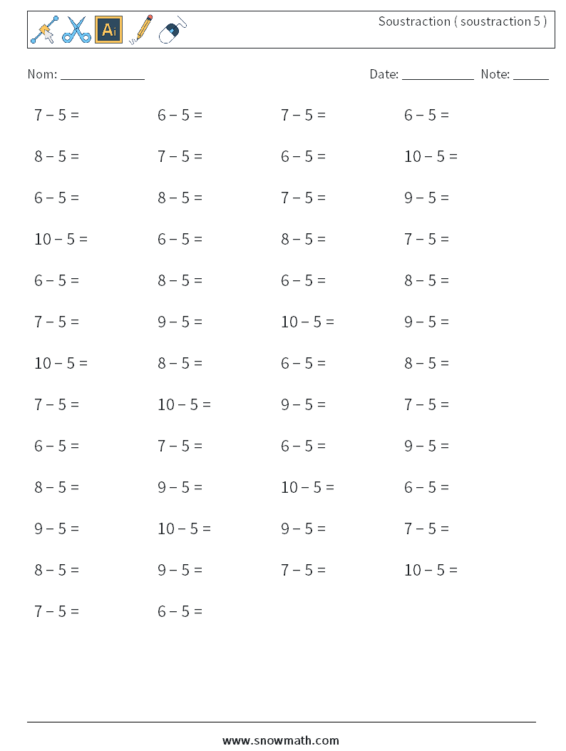 (50) Soustraction ( soustraction 5 ) Fiches d'Exercices de Mathématiques 7