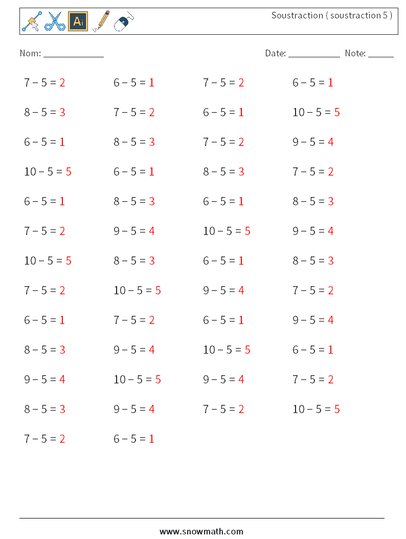 (50) Soustraction ( soustraction 5 ) Fiches d'Exercices de Mathématiques 7 Question, Réponse