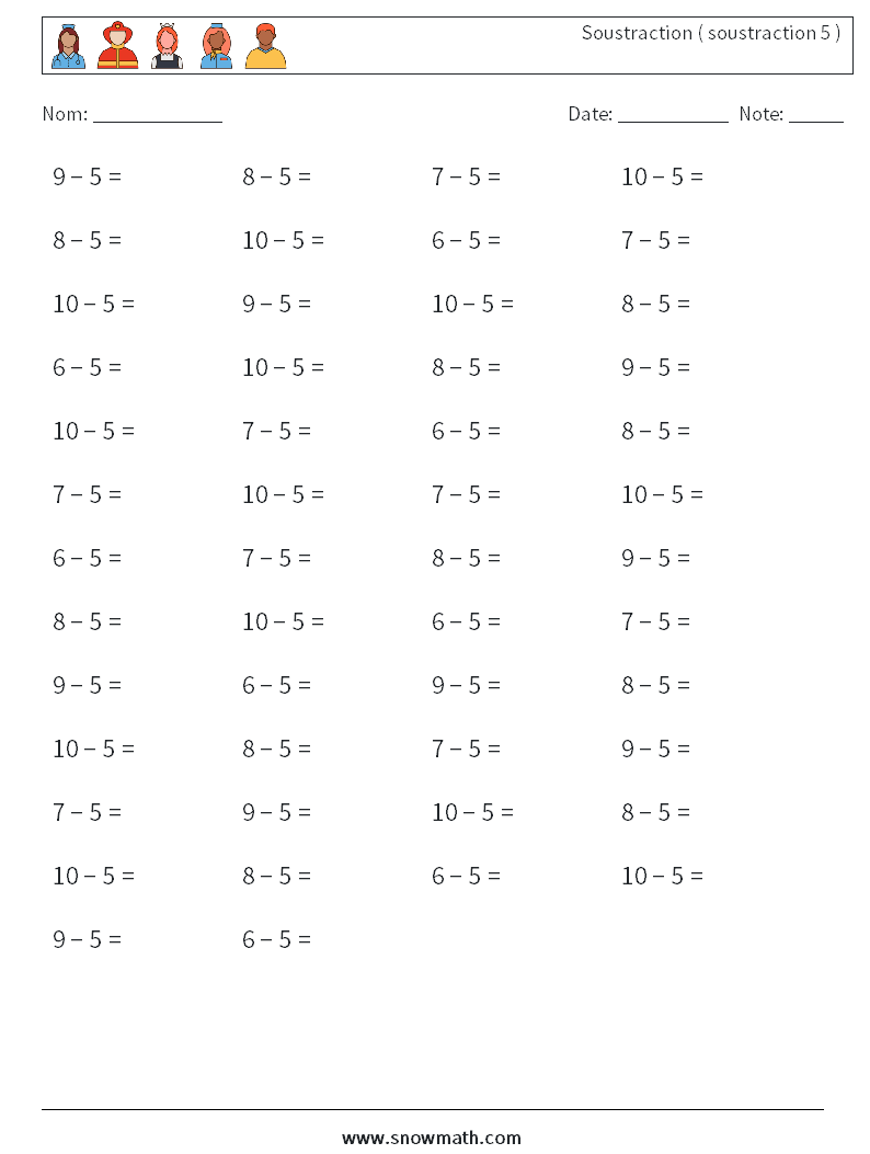 (50) Soustraction ( soustraction 5 ) Fiches d'Exercices de Mathématiques 8
