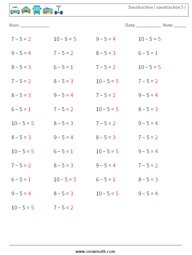 (50) Soustraction ( soustraction 5 ) Fiches d'Exercices de Mathématiques 9 Question, Réponse