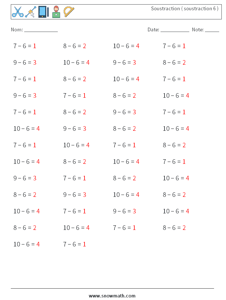 (50) Soustraction ( soustraction 6 ) Fiches d'Exercices de Mathématiques 1 Question, Réponse