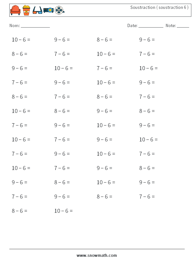 (50) Soustraction ( soustraction 6 ) Fiches d'Exercices de Mathématiques 2