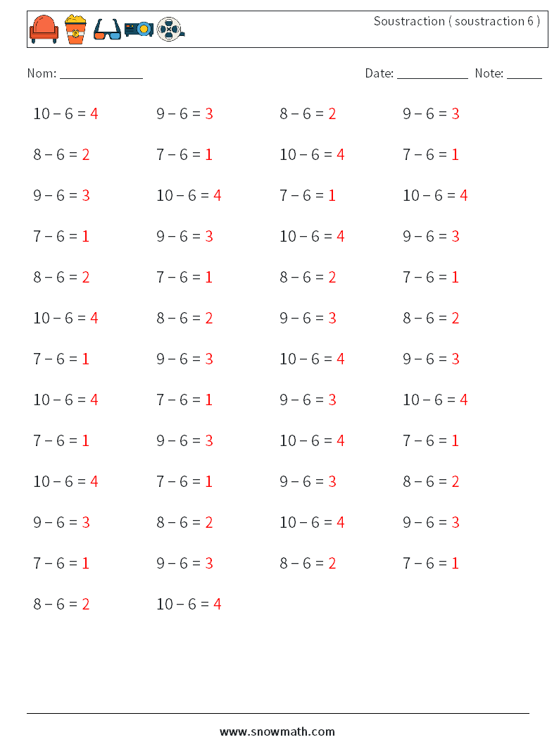 (50) Soustraction ( soustraction 6 ) Fiches d'Exercices de Mathématiques 2 Question, Réponse