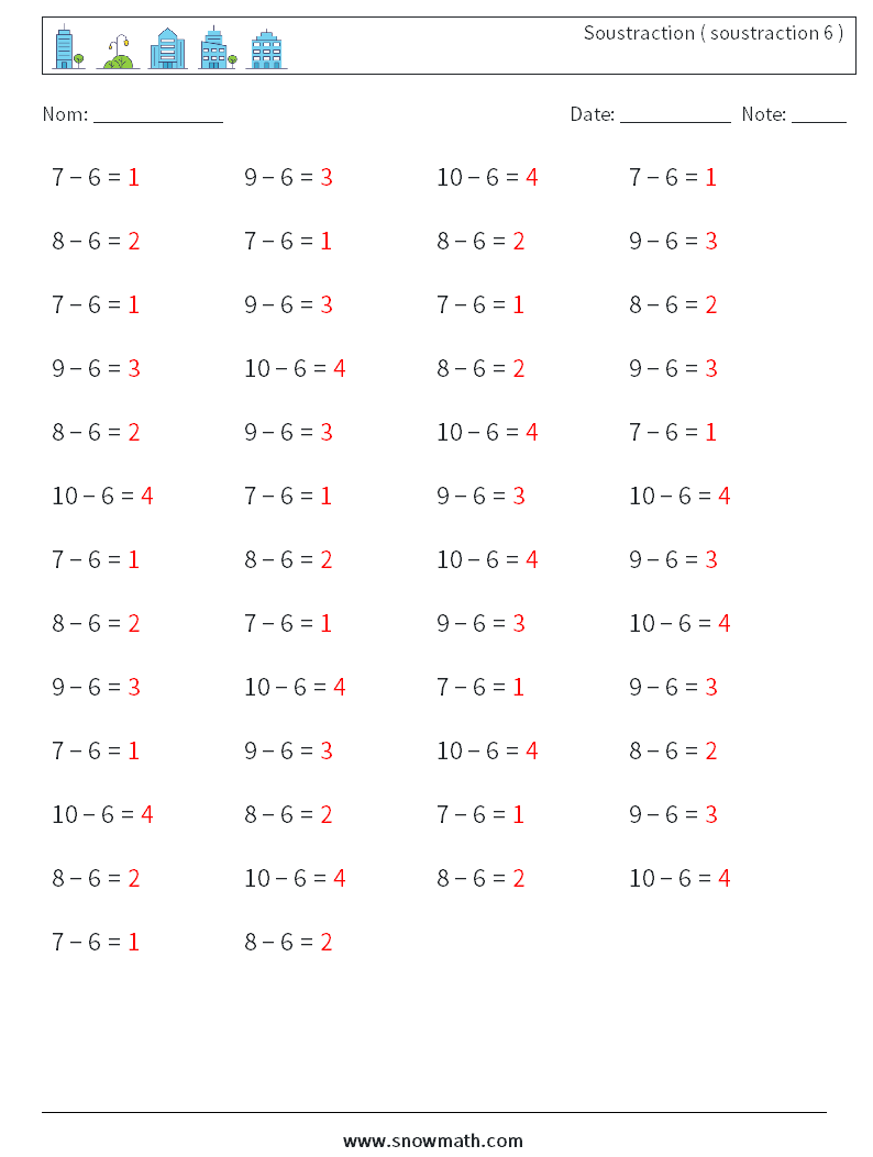 (50) Soustraction ( soustraction 6 ) Fiches d'Exercices de Mathématiques 4 Question, Réponse