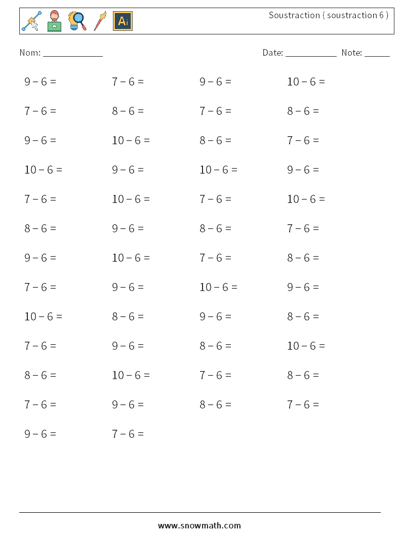 (50) Soustraction ( soustraction 6 ) Fiches d'Exercices de Mathématiques 5