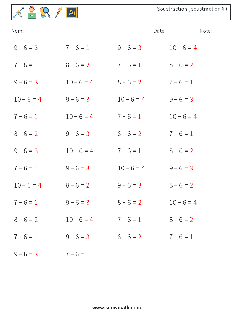 (50) Soustraction ( soustraction 6 ) Fiches d'Exercices de Mathématiques 5 Question, Réponse