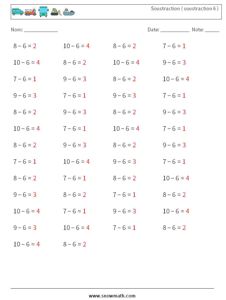 (50) Soustraction ( soustraction 6 ) Fiches d'Exercices de Mathématiques 6 Question, Réponse