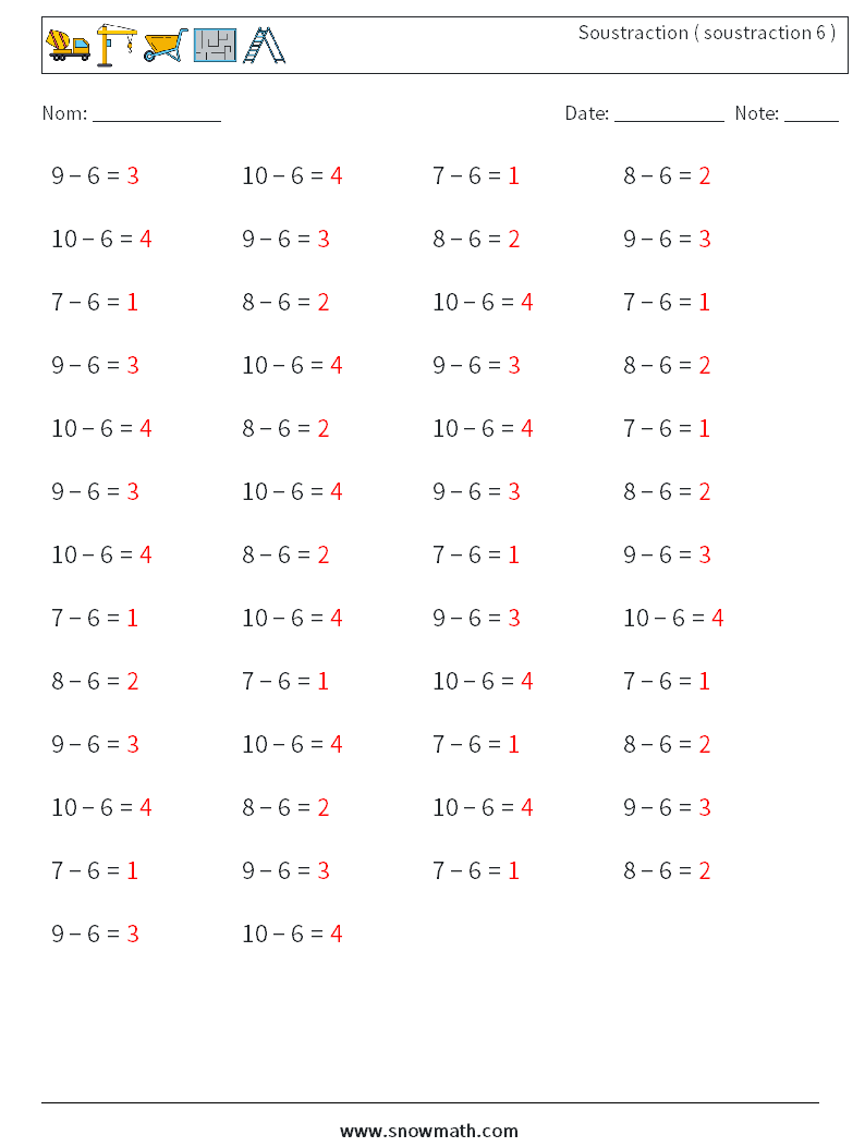 (50) Soustraction ( soustraction 6 ) Fiches d'Exercices de Mathématiques 8 Question, Réponse