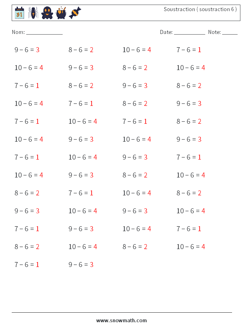 (50) Soustraction ( soustraction 6 ) Fiches d'Exercices de Mathématiques 9 Question, Réponse