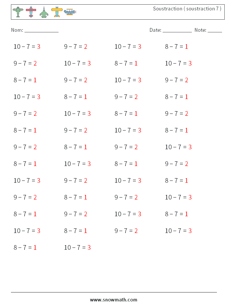 (50) Soustraction ( soustraction 7 ) Fiches d'Exercices de Mathématiques 6 Question, Réponse