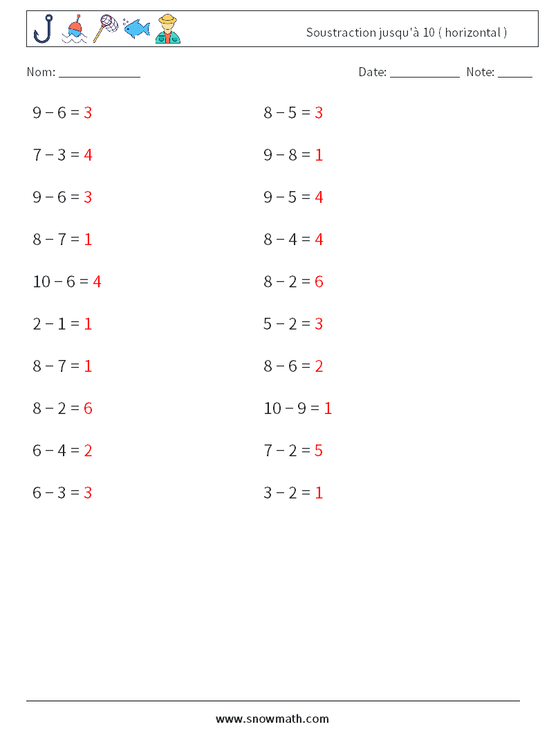 (20) Soustraction jusqu'à 10 ( horizontal ) Fiches d'Exercices de Mathématiques 1 Question, Réponse