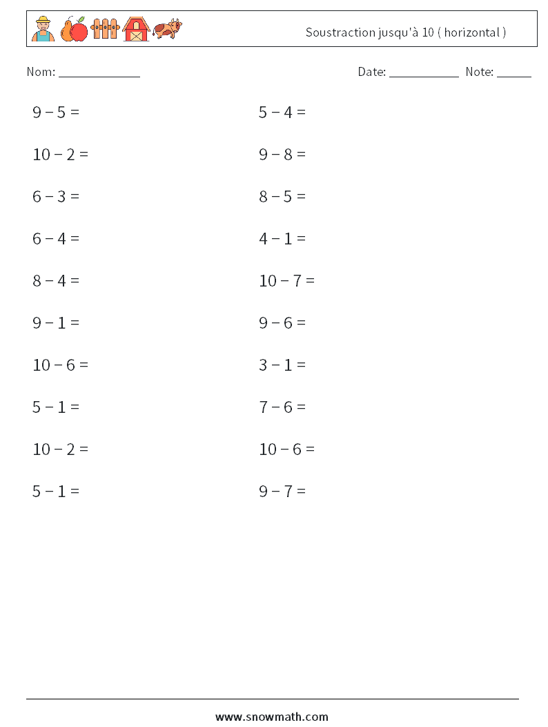 (20) Soustraction jusqu'à 10 ( horizontal ) Fiches d'Exercices de Mathématiques 2