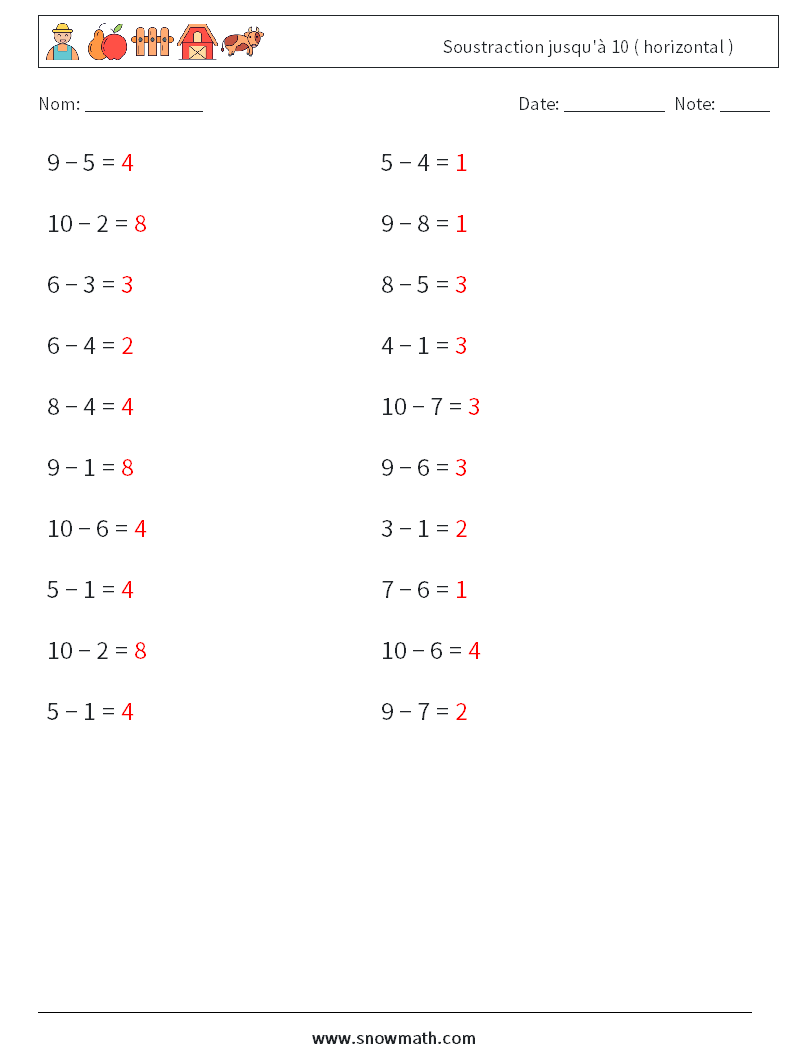 (20) Soustraction jusqu'à 10 ( horizontal ) Fiches d'Exercices de Mathématiques 2 Question, Réponse