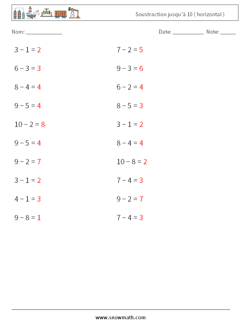 (20) Soustraction jusqu'à 10 ( horizontal ) Fiches d'Exercices de Mathématiques 3 Question, Réponse