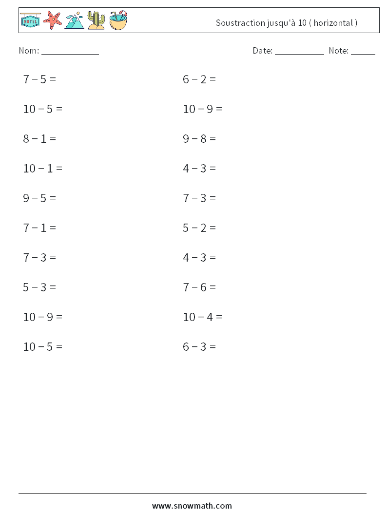 (20) Soustraction jusqu'à 10 ( horizontal ) Fiches d'Exercices de Mathématiques 4