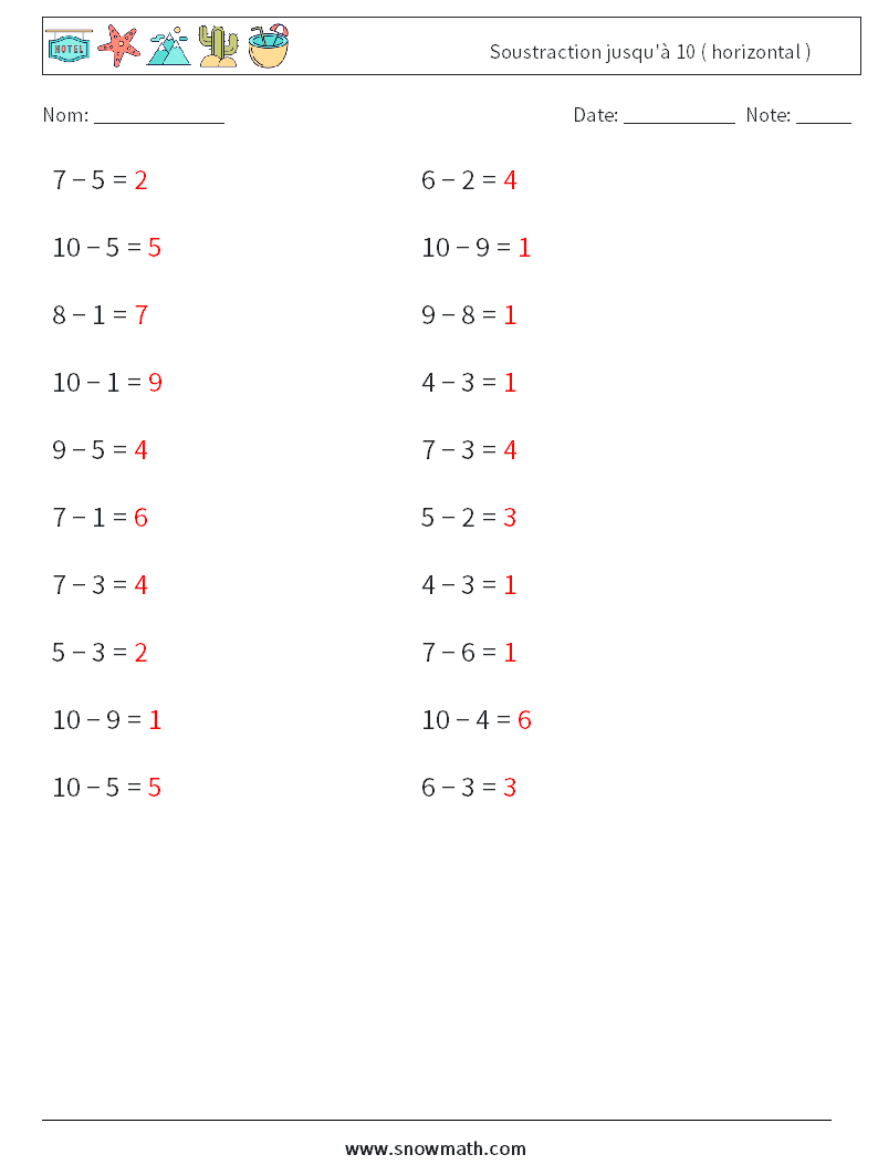 (20) Soustraction jusqu'à 10 ( horizontal ) Fiches d'Exercices de Mathématiques 4 Question, Réponse