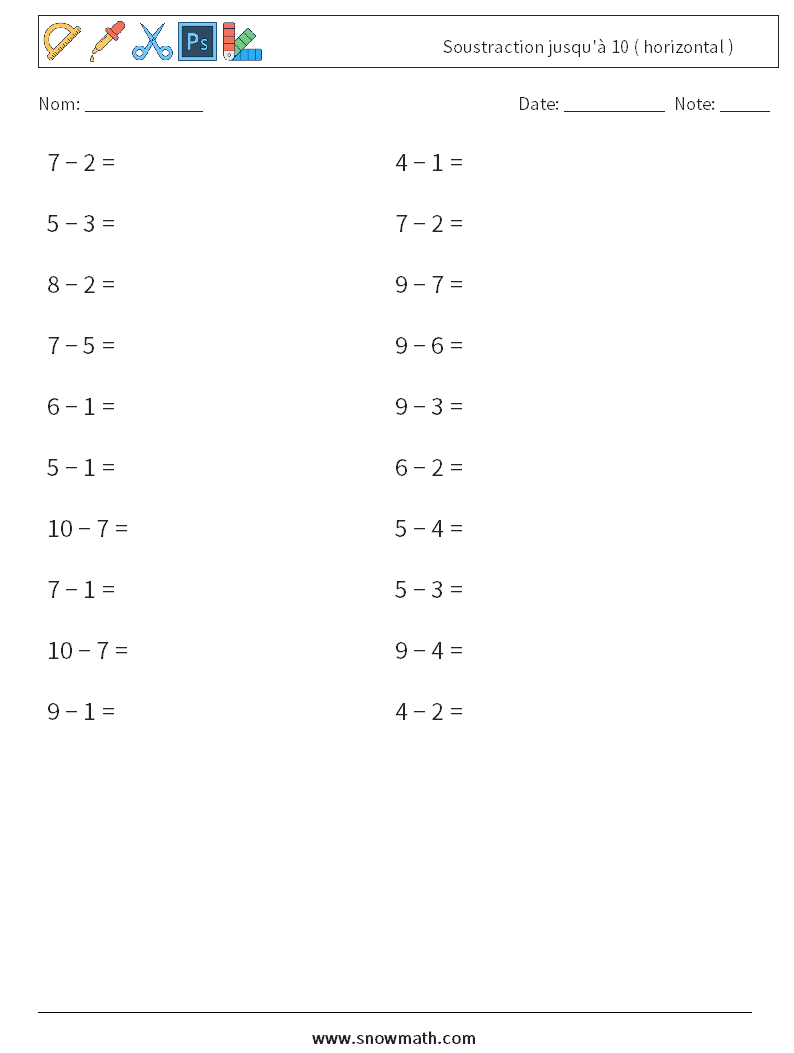 (20) Soustraction jusqu'à 10 ( horizontal ) Fiches d'Exercices de Mathématiques 5