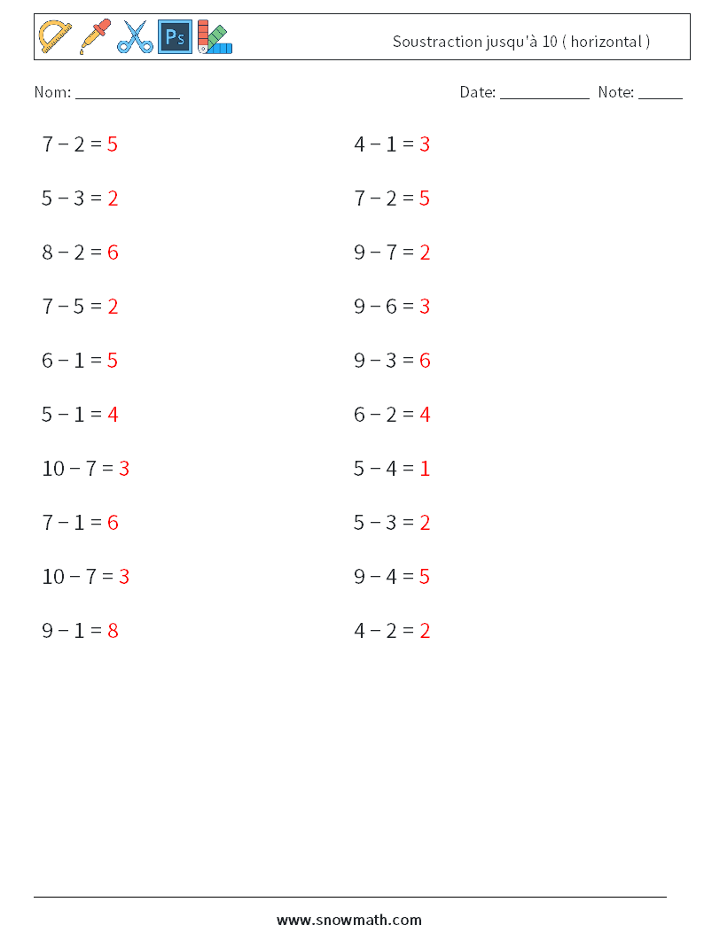 (20) Soustraction jusqu'à 10 ( horizontal ) Fiches d'Exercices de Mathématiques 5 Question, Réponse