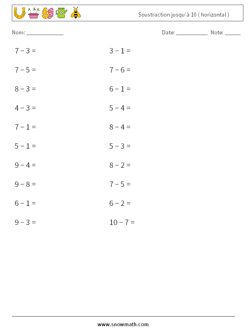 (20) Soustraction jusqu'à 10 ( horizontal ) Fiches d'Exercices de Mathématiques 6