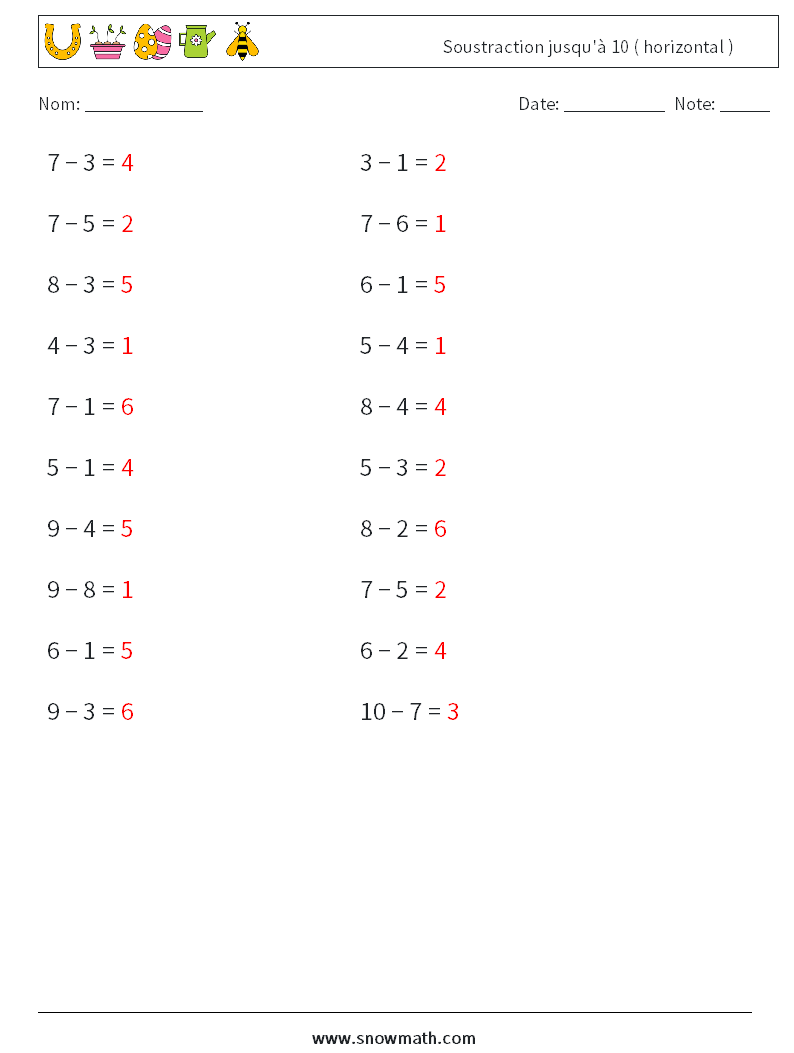 (20) Soustraction jusqu'à 10 ( horizontal ) Fiches d'Exercices de Mathématiques 6 Question, Réponse