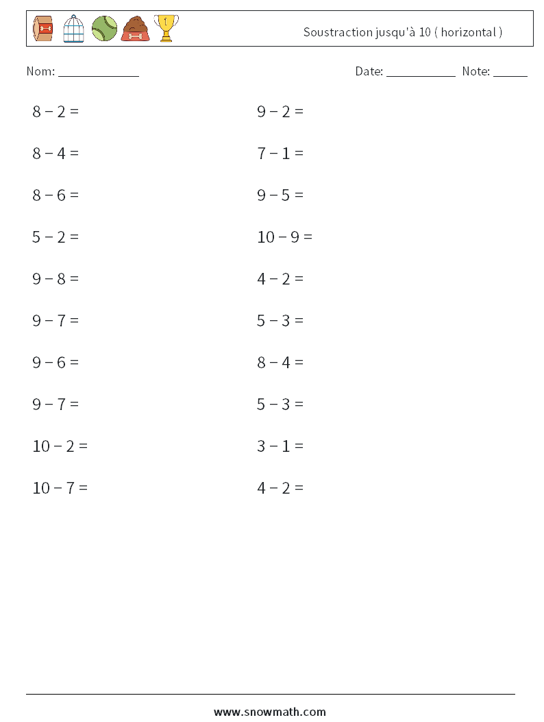(20) Soustraction jusqu'à 10 ( horizontal ) Fiches d'Exercices de Mathématiques 7