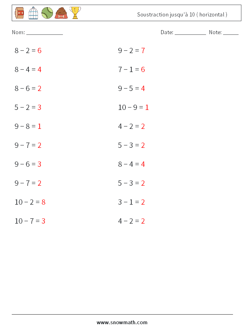 (20) Soustraction jusqu'à 10 ( horizontal ) Fiches d'Exercices de Mathématiques 7 Question, Réponse