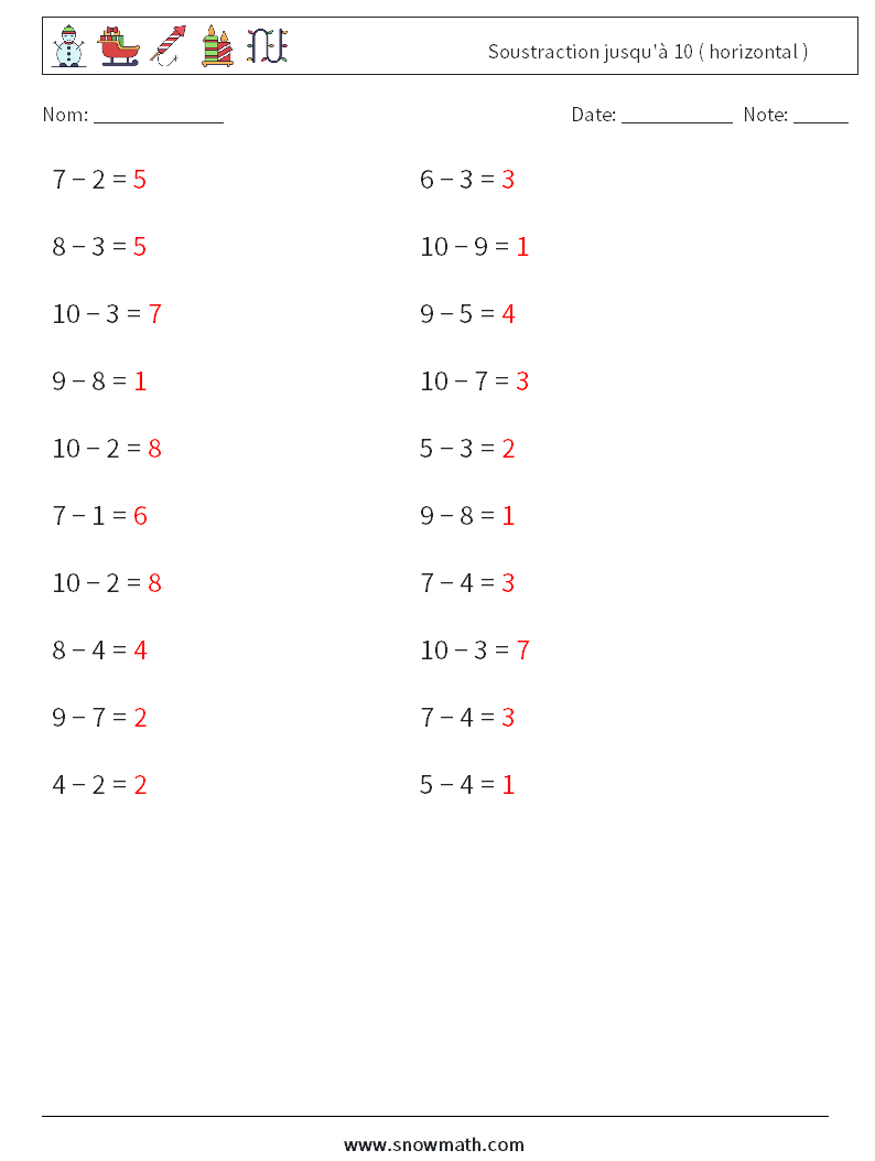 (20) Soustraction jusqu'à 10 ( horizontal ) Fiches d'Exercices de Mathématiques 8 Question, Réponse