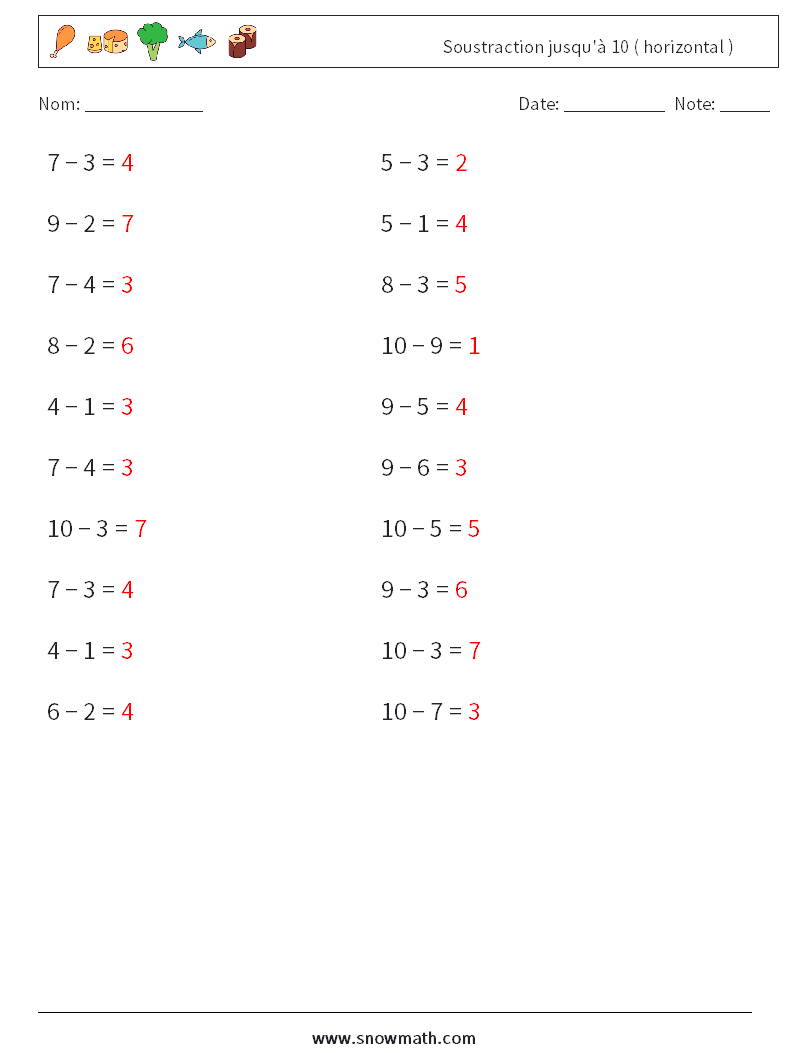 (20) Soustraction jusqu'à 10 ( horizontal ) Fiches d'Exercices de Mathématiques 9 Question, Réponse