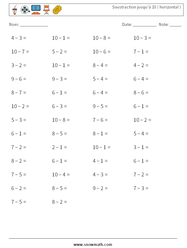 (50) Soustraction jusqu'à 10 ( horizontal ) Fiches d'Exercices de Mathématiques 5