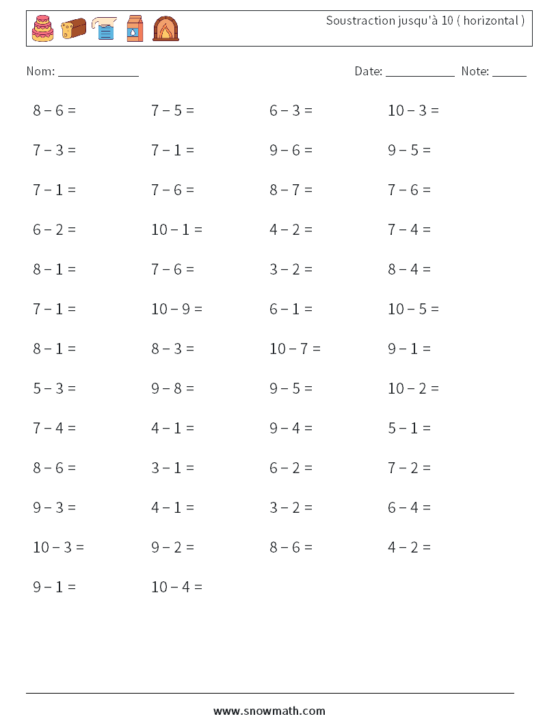(50) Soustraction jusqu'à 10 ( horizontal ) Fiches d'Exercices de Mathématiques 9