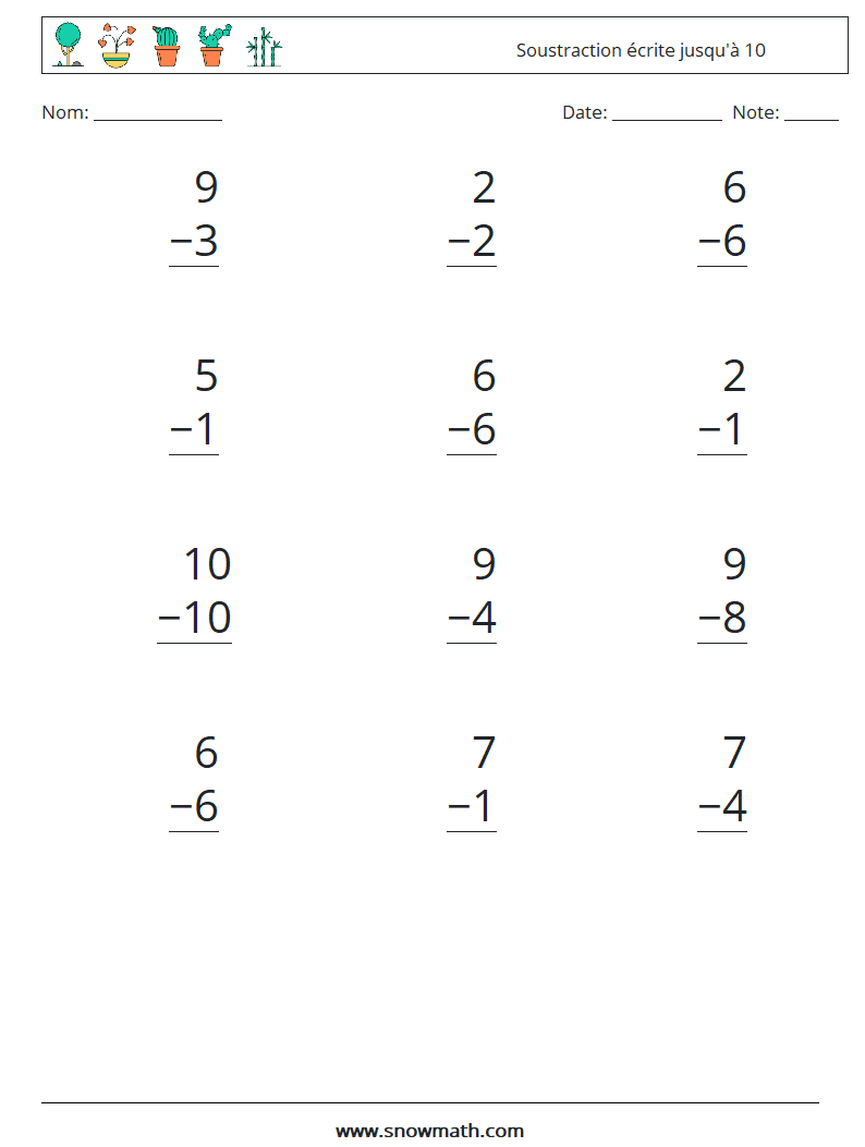 (12) Soustraction écrite jusqu'à 10 Fiches d'Exercices de Mathématiques 2