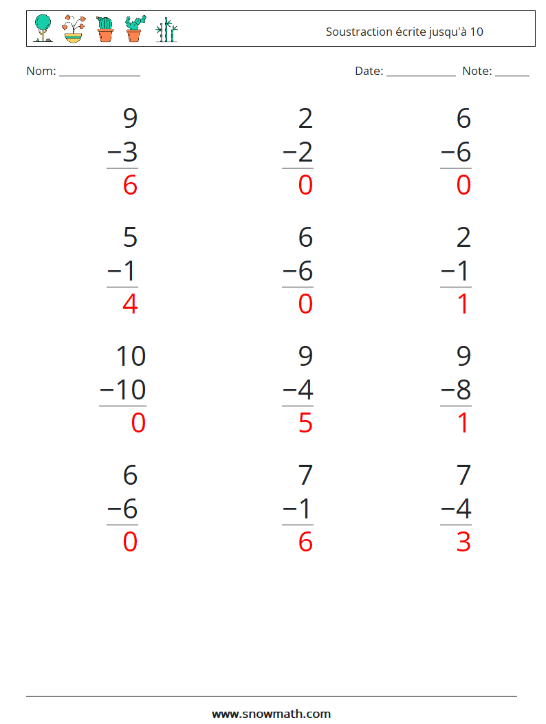 (12) Soustraction écrite jusqu'à 10 Fiches d'Exercices de Mathématiques 2 Question, Réponse