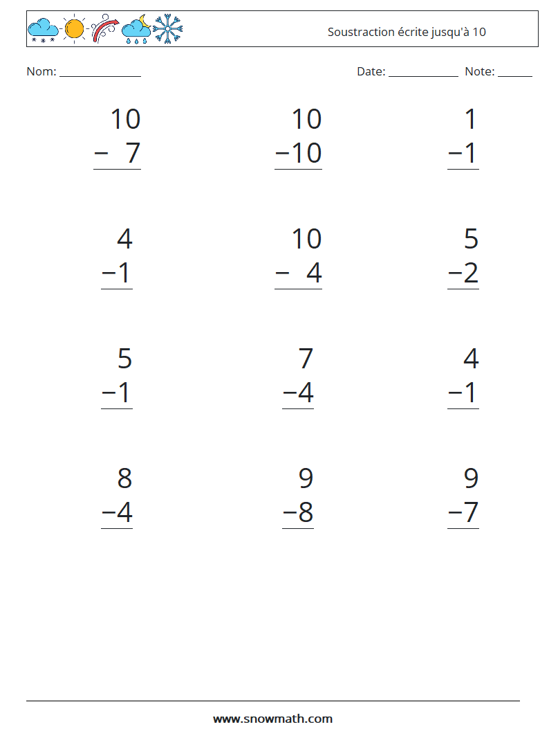 (12) Soustraction écrite jusqu'à 10 Fiches d'Exercices de Mathématiques 3