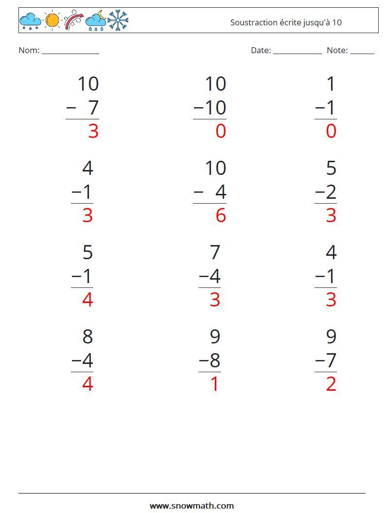 (12) Soustraction écrite jusqu'à 10 Fiches d'Exercices de Mathématiques 3 Question, Réponse