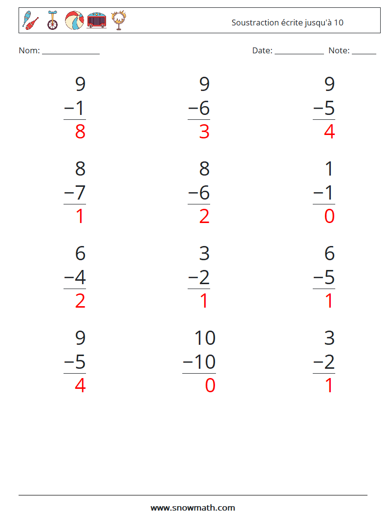 (12) Soustraction écrite jusqu'à 10 Fiches d'Exercices de Mathématiques 4 Question, Réponse