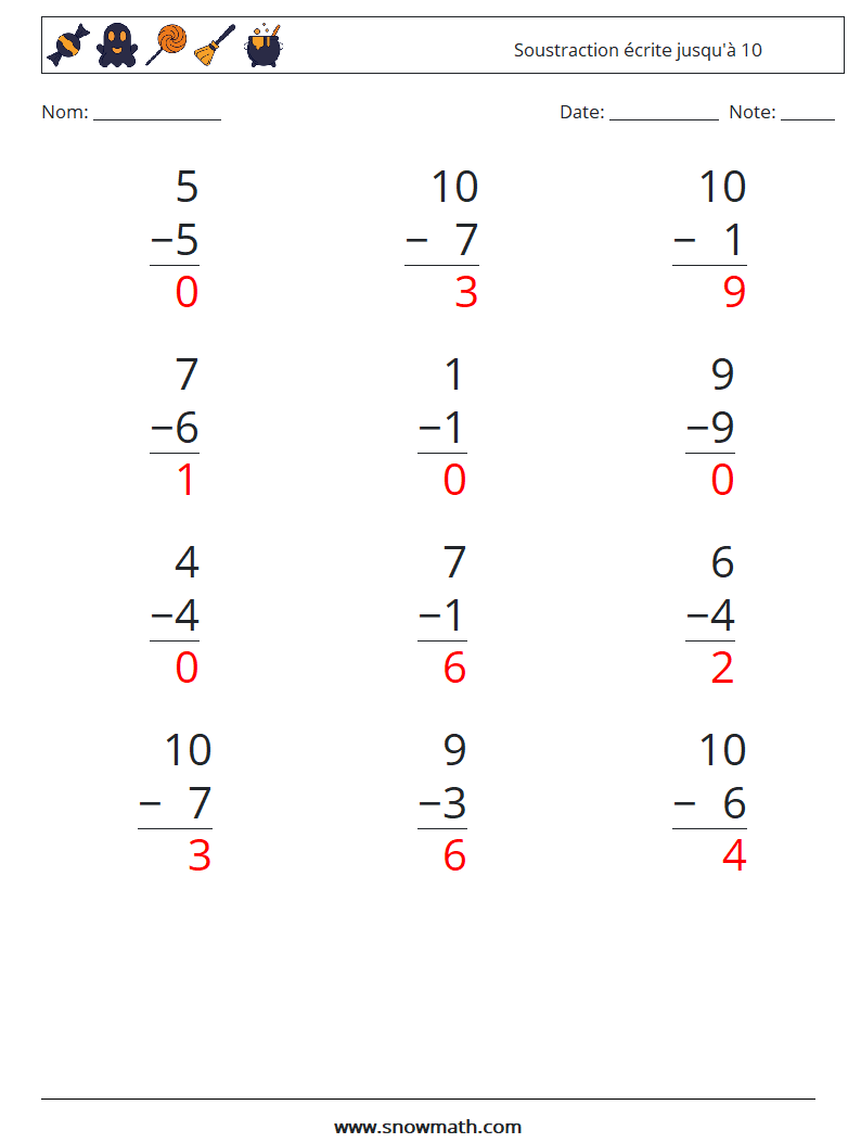 (12) Soustraction écrite jusqu'à 10 Fiches d'Exercices de Mathématiques 5 Question, Réponse