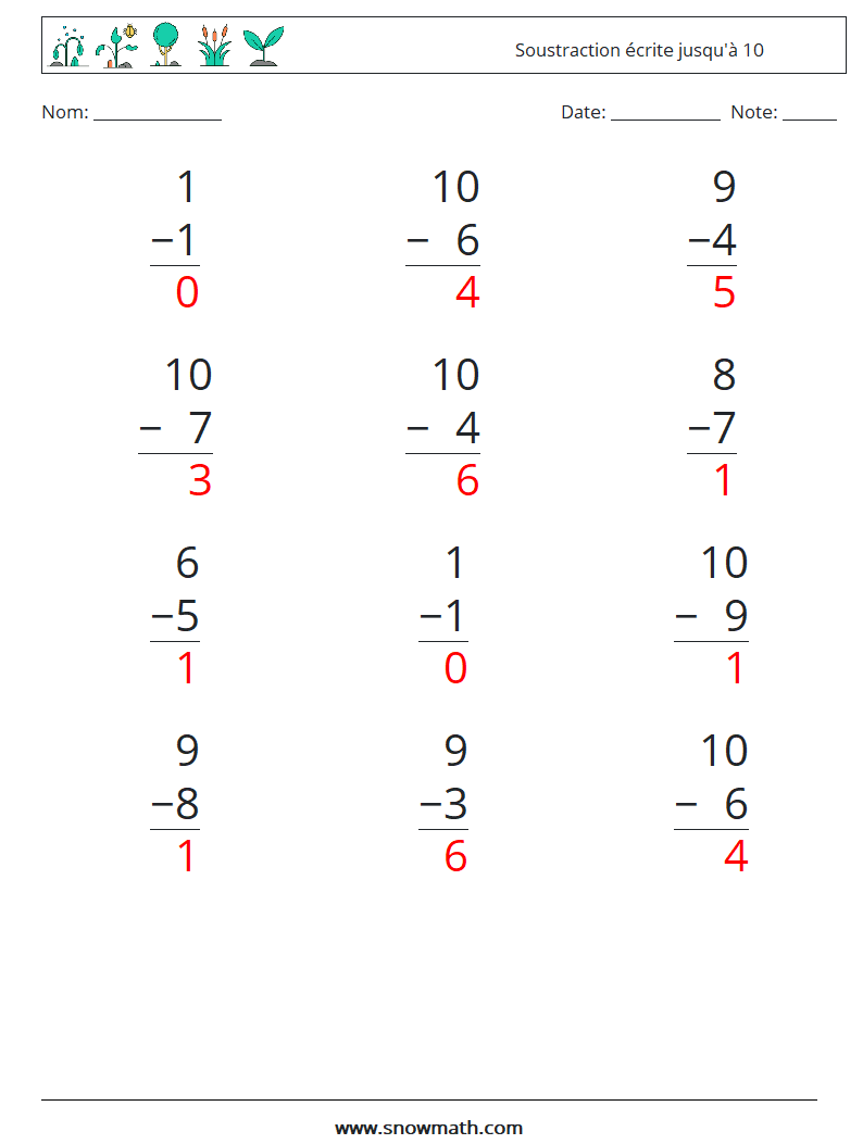 (12) Soustraction écrite jusqu'à 10 Fiches d'Exercices de Mathématiques 6 Question, Réponse