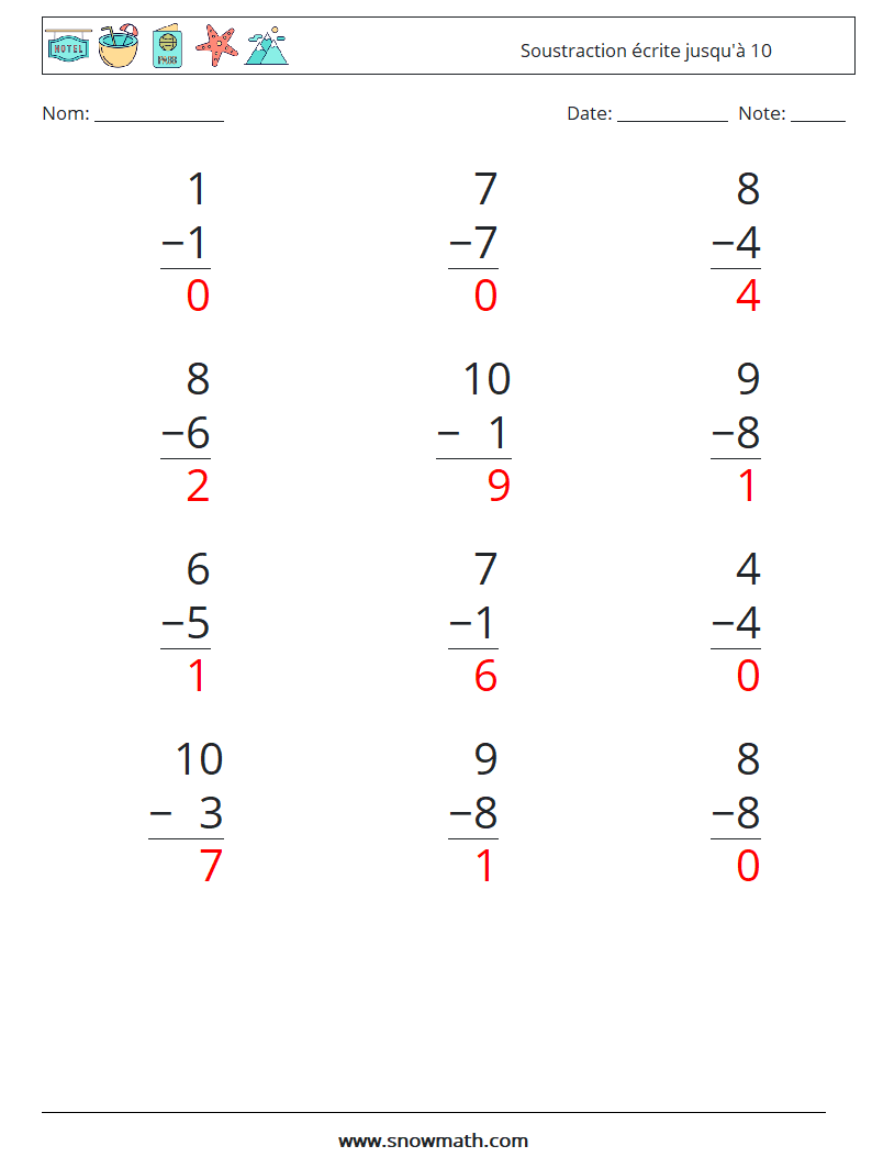 (12) Soustraction écrite jusqu'à 10 Fiches d'Exercices de Mathématiques 7 Question, Réponse