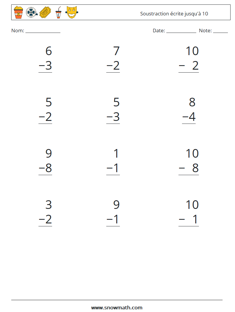 (12) Soustraction écrite jusqu'à 10 Fiches d'Exercices de Mathématiques 8