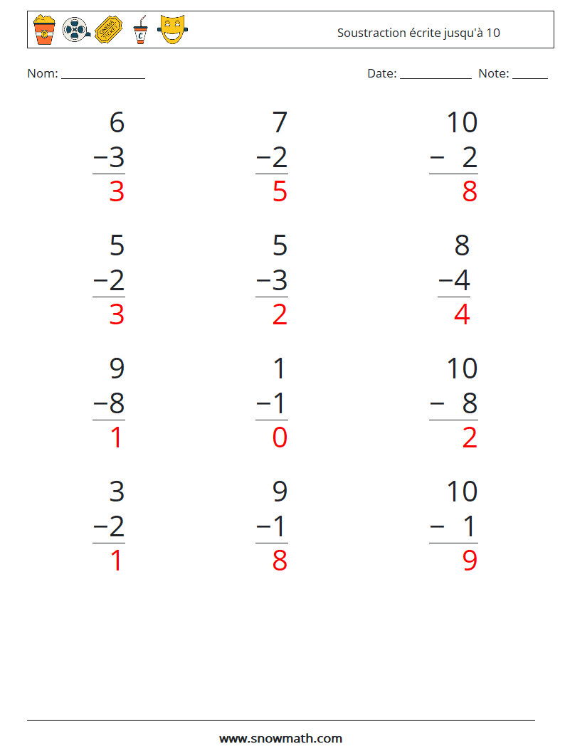 (12) Soustraction écrite jusqu'à 10 Fiches d'Exercices de Mathématiques 8 Question, Réponse
