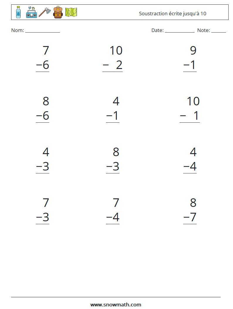 (12) Soustraction écrite jusqu'à 10 Fiches d'Exercices de Mathématiques 9