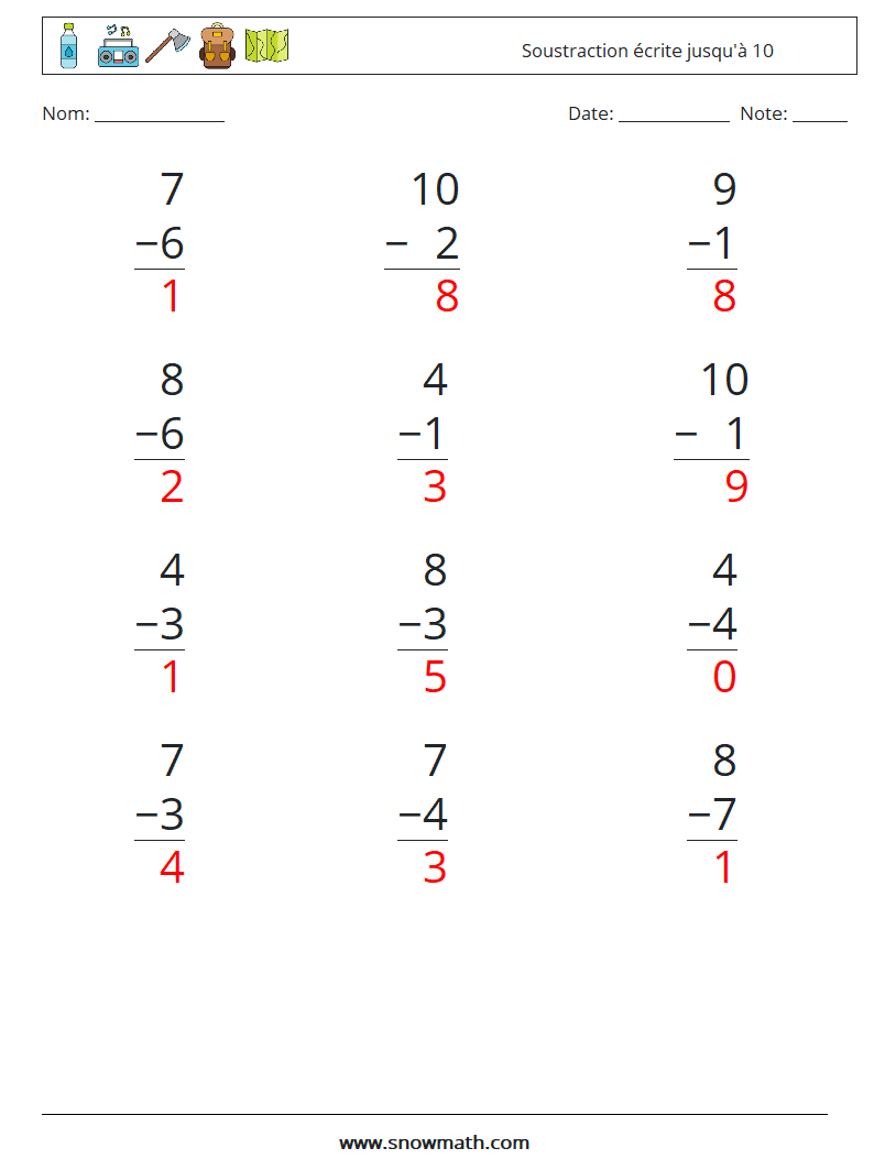 (12) Soustraction écrite jusqu'à 10 Fiches d'Exercices de Mathématiques 9 Question, Réponse