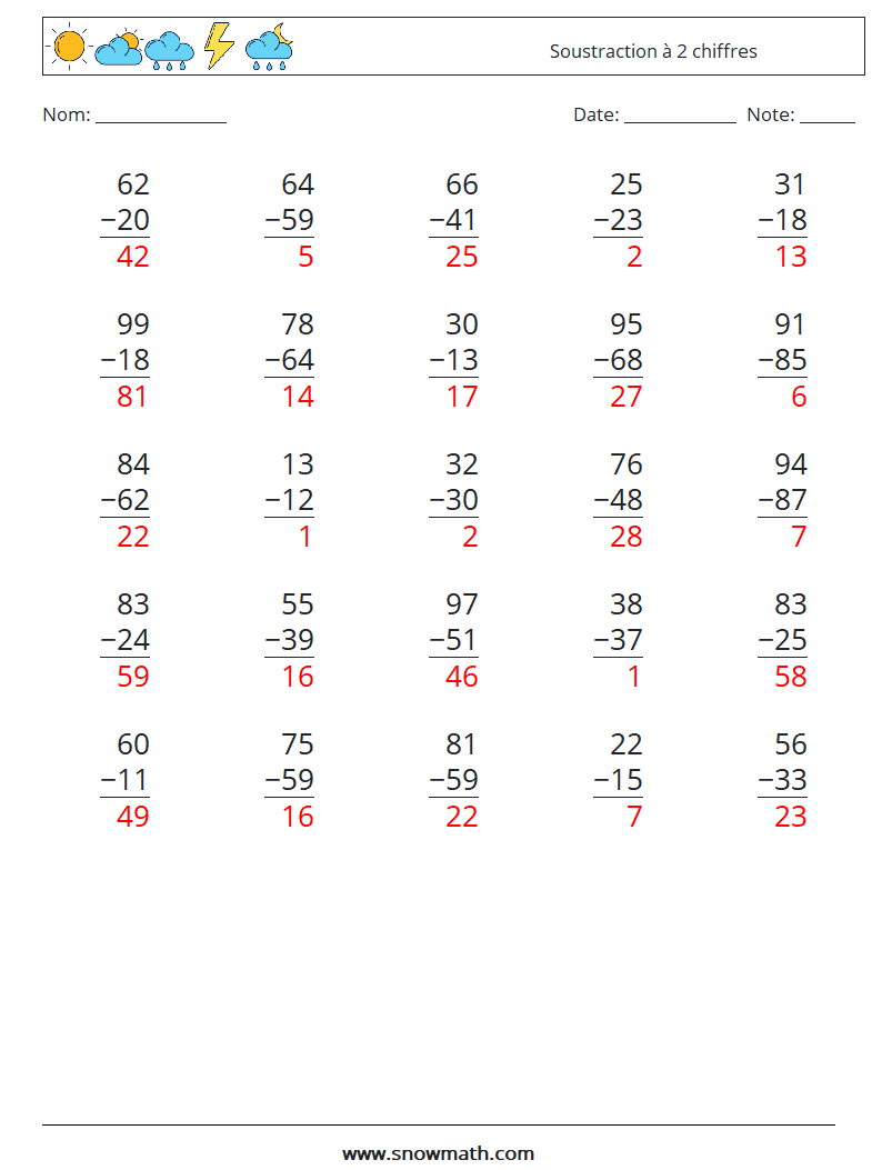 (25) Soustraction à 2 chiffres Fiches d'Exercices de Mathématiques 11 Question, Réponse