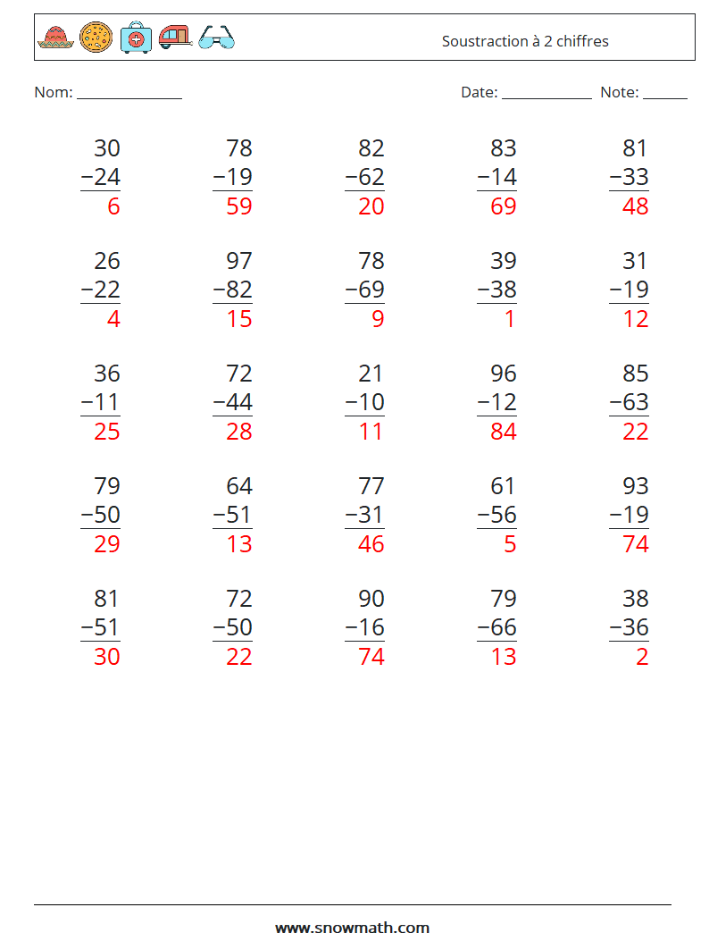 (25) Soustraction à 2 chiffres Fiches d'Exercices de Mathématiques 16 Question, Réponse