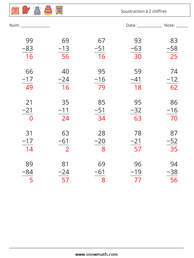 (25) Soustraction à 2 chiffres Fiches d'Exercices de Mathématiques 17 Question, Réponse