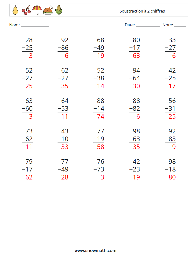 (25) Soustraction à 2 chiffres Fiches d'Exercices de Mathématiques 18 Question, Réponse