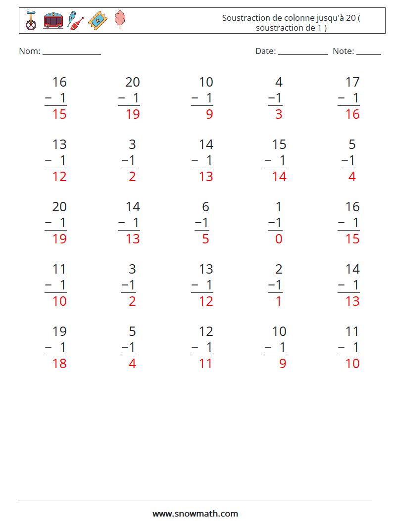 (25) Soustraction de colonne jusqu'à 20 ( soustraction de 1 ) Fiches d'Exercices de Mathématiques 12 Question, Réponse