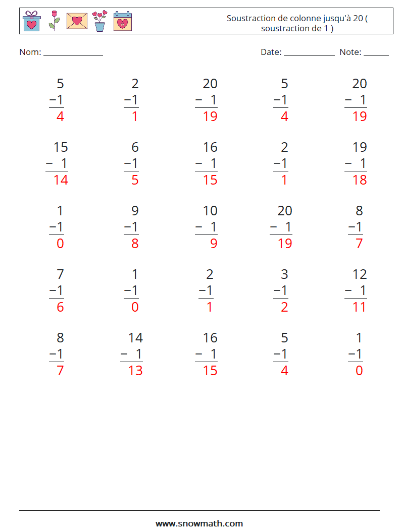 (25) Soustraction de colonne jusqu'à 20 ( soustraction de 1 ) Fiches d'Exercices de Mathématiques 13 Question, Réponse